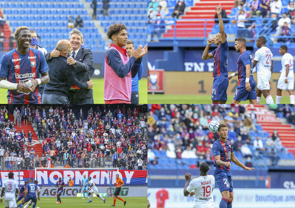 Grâce à un penalty de Yacine Bammou et à la solidité de la défense caennaise autour d'Anthony Weber, Olivier Pickeu (tout heureux, ici, avec Pascal Dupraz) a assisté à une victoire pour sa première comme président du SMC. ©Damien Deslandes