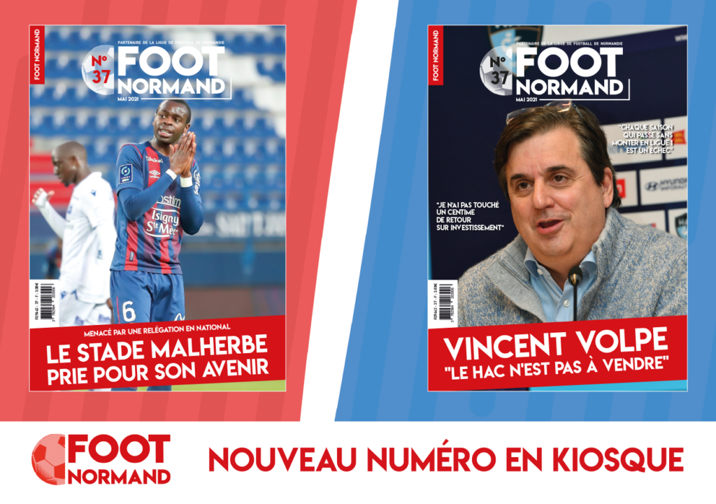 Mathieu Bodmer, à son époque caennaise, et Jean-Michel Roussier, le président du HAC, en UNE du dernier numéro (n°56) de FOOT NORMAND.