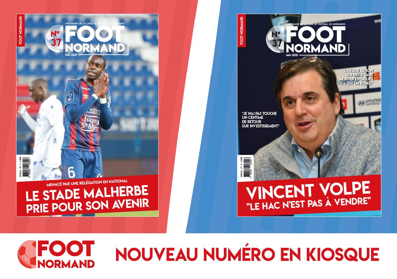 Mathieu Bodmer, à son époque caennaise, et Jean-Michel Roussier, le président du HAC, en UNE du dernier numéro (n°56) de FOOT NORMAND.