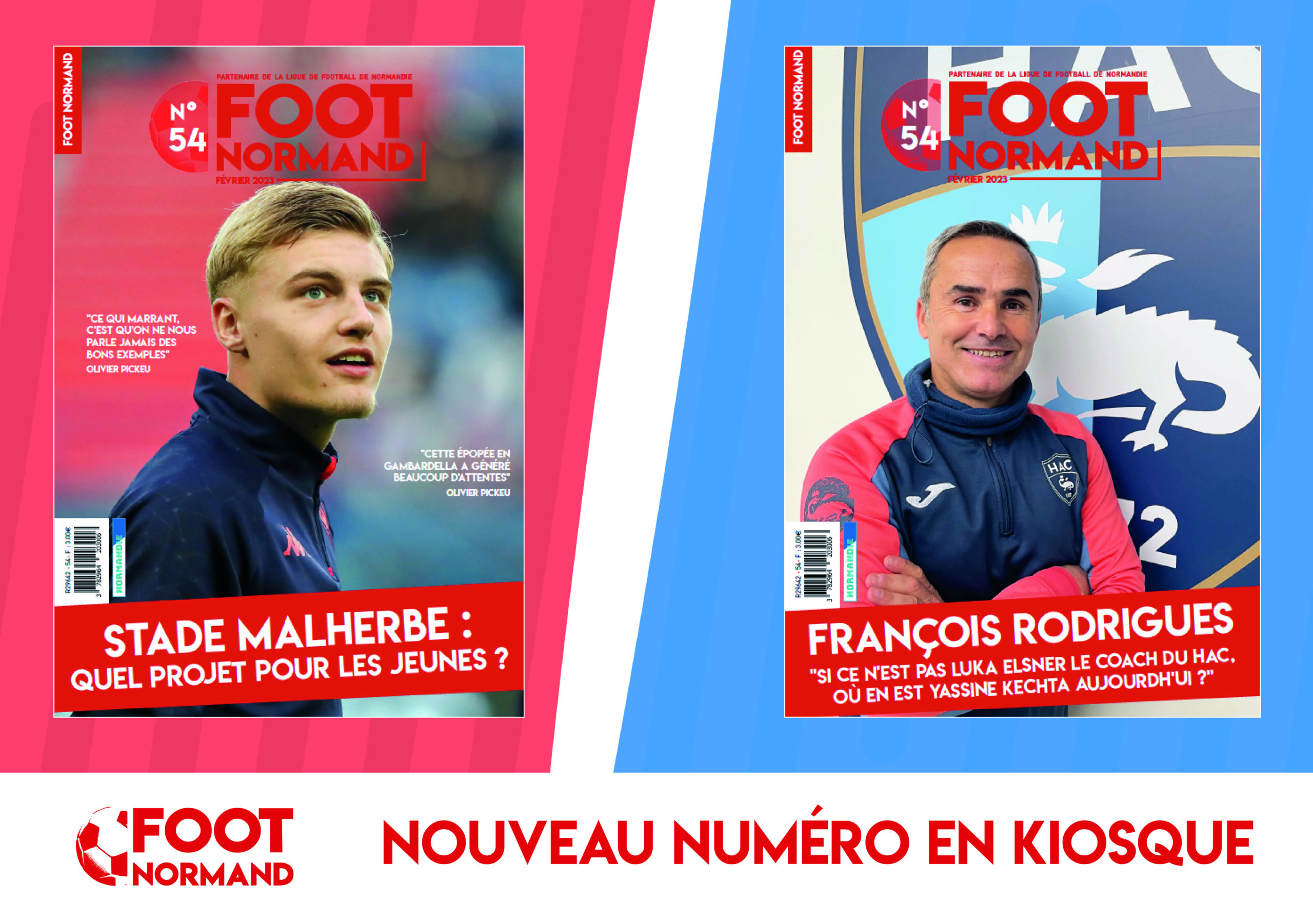 Norman Bassette, le jeune attaquant du Stade Malherbe, et François Rodrigues, le directeur du centre de formation du HAC, en UNE du dernier numéro (n°54) de FOOT NORMAND.