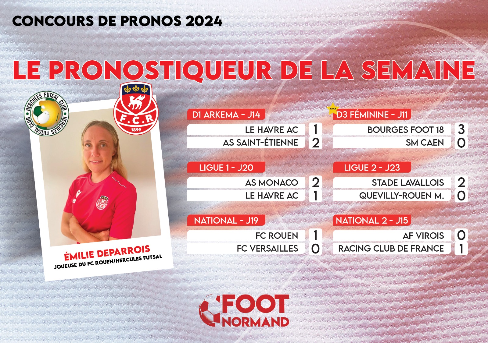 Emilie Deparrois, joueuse du FC Rouen et d'Hercules Futsal, suit actuellement une rééducation et a accepté de se livrer au jeu des pronostics.