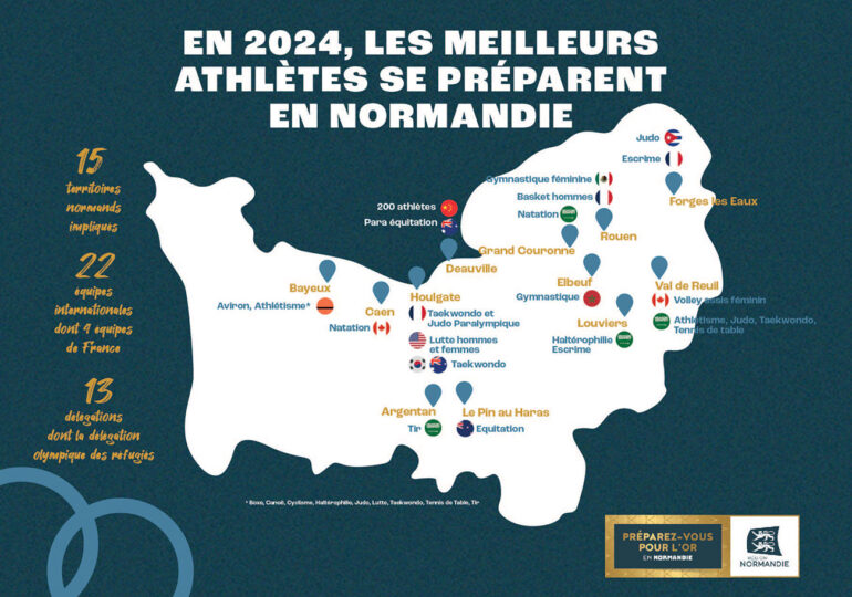 Carte des sites normands accueillant des délégations étrangères et françaises pour la préparation des JO de Paris 2024. ©Région Normandie