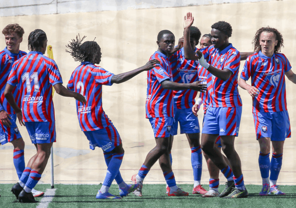 La joie des U19 malherbistes après le but de Léo Milliner contre Montpellier en quart de finale. ©Damien Deslandes