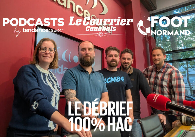 Florian Hedouin, alias Floque, membre du bureau de la Fédération des supporters, et Chris Fouache, président du Kop « Ciel et Marine », sont les invités de Célia Caradec (Tendance Ouest), Mathieu Billeaud (Foot Normand) et Luc Gallais (Le Courrier Cauchois).