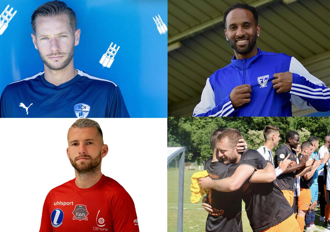 Teddy Gaudiche arrive à Hérouville, William Coulibaly prend la direction de Saint-Lô, Erwan Kawczynski signe à Flers et Simon Buquet (Luneray) arrête sa carrière. © Gabriel Tondeur, FC Saint-Lô, FC Flers et US Luneray