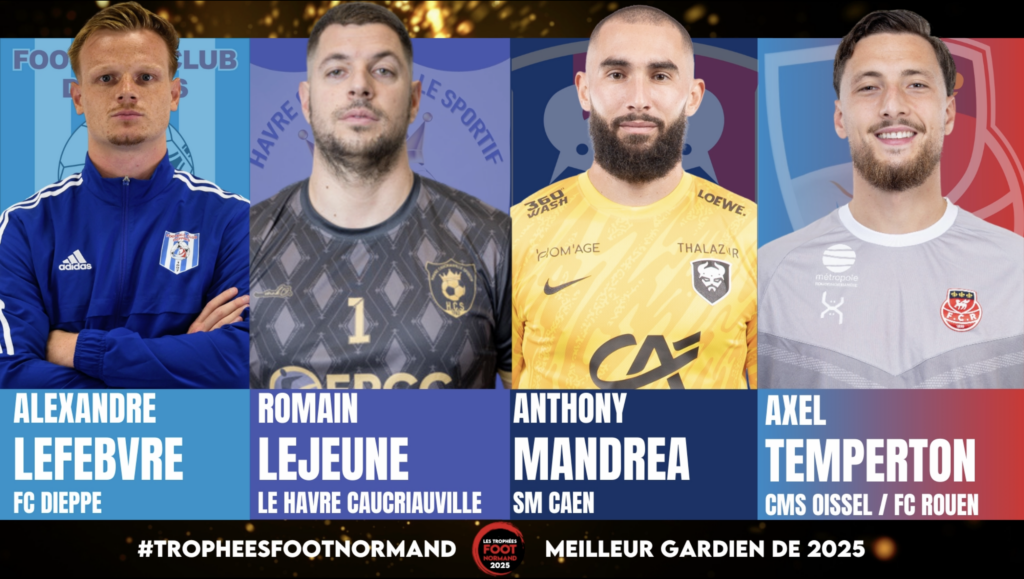 Alexandre Lefebvre (FC Dieppe), Romain Lejeune (Le Havre Caucriauville), Anthony Mandrea (SM Caen) et Axel Temperton (FC Rouen) sont nommés dans la catégorie du meilleur gardien.
