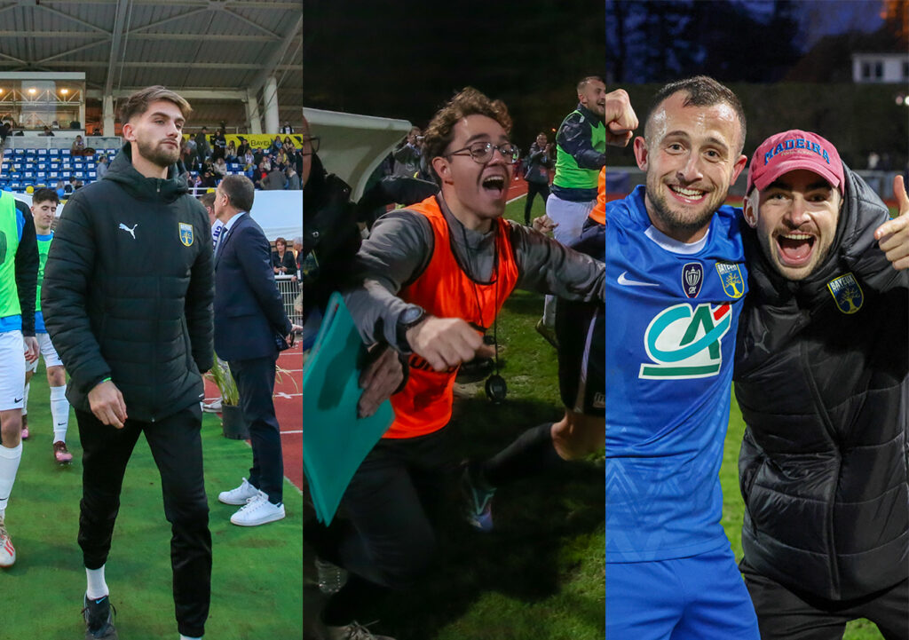 Arthur David, adjoint, Côme Thomasset de Longuemare, préparateur physique, et Nathan Thebault, futur kiné, font partie du staff Eric Fouda. ©Damien Deslandes et Ligue de Normandie