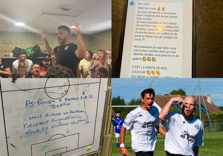 Message dans le groupe WhatsApp, dédicace de l'équipe « C », cri de guerre dans le vestiaire... S'il ne figurait pas sur la feuille de match, Romain Jarry a été particulièrement présent tout au long de ce dimanche. ©Marius Photo