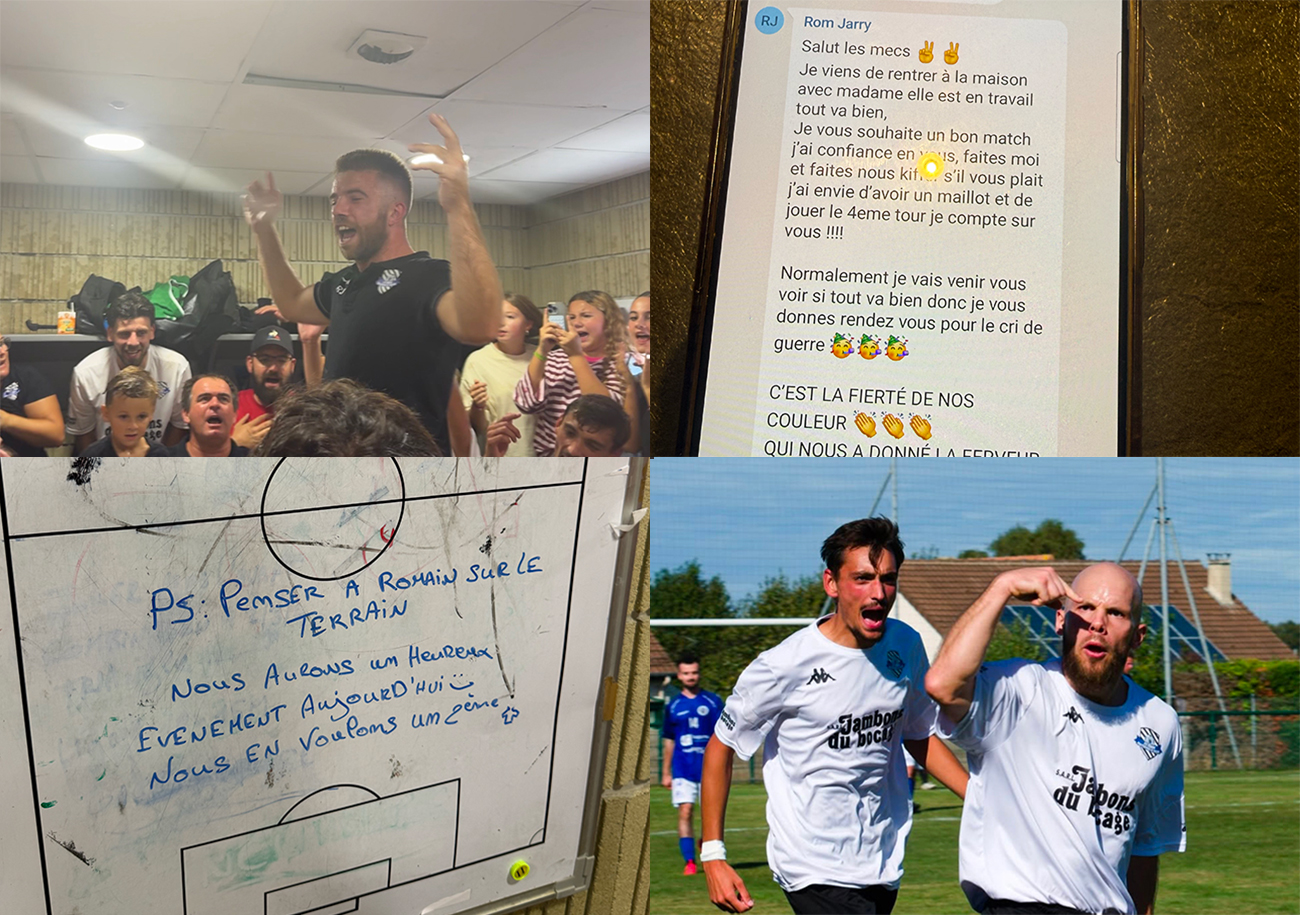 Message dans le groupe WhatsApp, dédicace de l'équipe « C », cri de guerre dans le vestiaire... S'il ne figurait pas sur la feuille de match, Romain Jarry a été particulièrement présent tout au long de ce dimanche. ©Marius Photo
